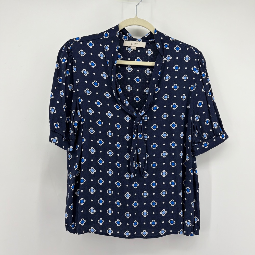 LOFT Womens Medium Navy Blue Floral Medallion Tie Neck Puff Short Sleeve Blouse